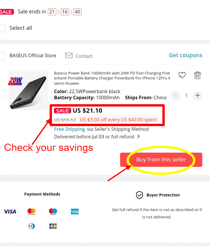 Step 3 of How to use AliExpress Promo Code