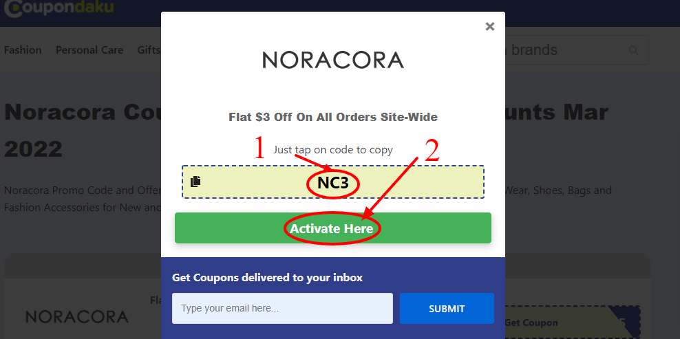 Step 2 of How to use Noracora Coupons