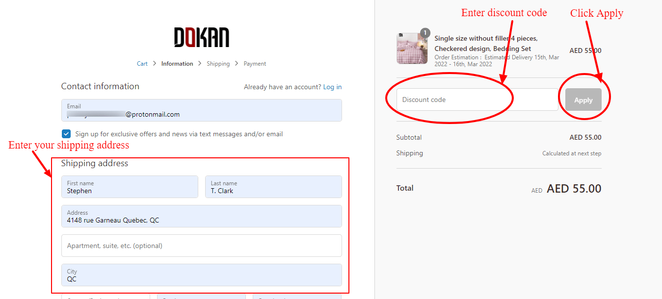 Step 4 of How to use Coupon Code for Dokan.com