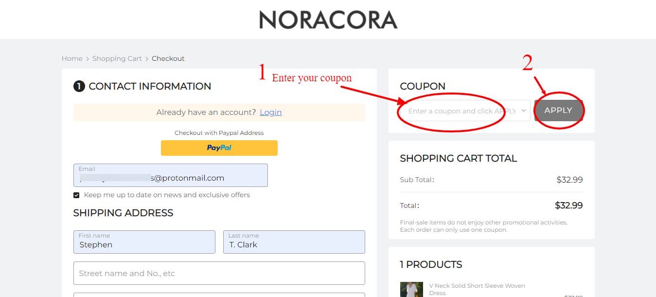 Step 5 of How to use Noracora Coupons