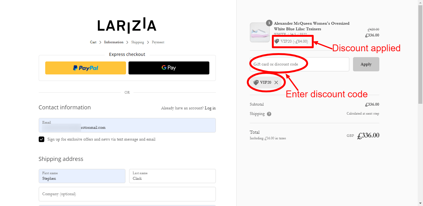 Step 4 of How to use Larizia Coupons